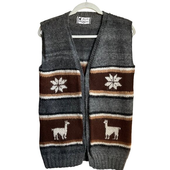VTG Medium Handmade Peru Alpaca Wool Sweater Vest Llama Snowflake Ethnic Boho - Picture 1 of 10